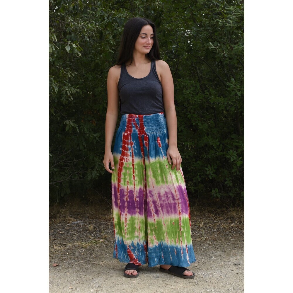 Wevez Tie Die Wide Leg Pants Free Size OS Colorful Rayon India Hippie Palazzo